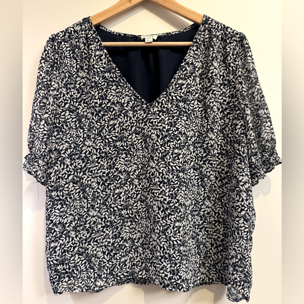 J. Crew Womens Floral Blouse Top Short Sleeve V Neck Blue White